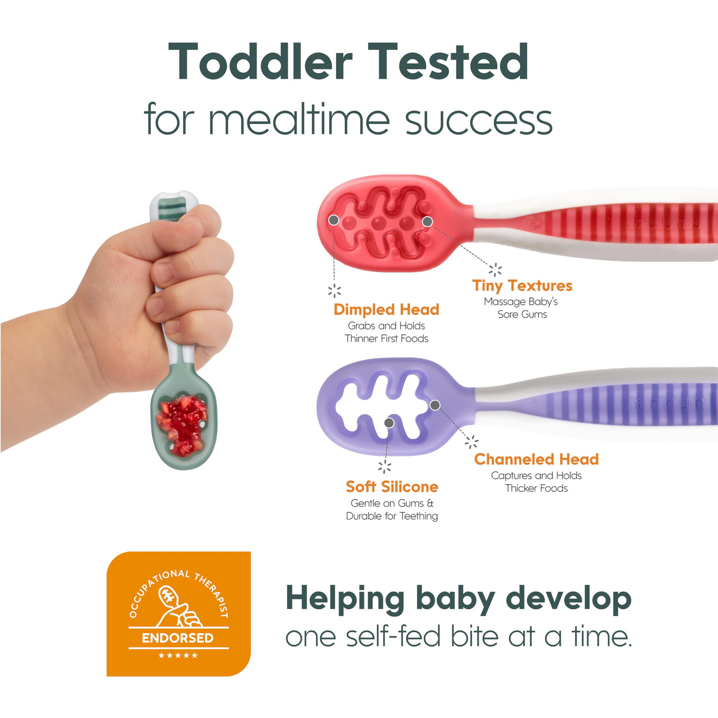 NumNum Baby Löffel 2er-Set, Silikon Esslernlöffel für Baby ab 6 Monate - BPA-frei - Lernlöffel und Breilöffel für BLW und Beikost Baby Zubehör - Ideales Esslernbesteck - Blau/Orange