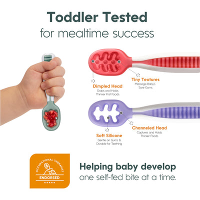 NumNum Baby Löffel 2er-Set, Silikon Esslernlöffel für Baby ab 6 Monate - BPA-frei - Lernlöffel und Breilöffel für BLW und Beikost Baby Zubehör - Ideales Esslernbesteck - Blau/Orange