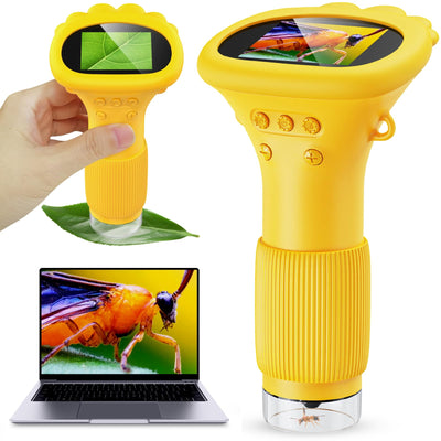 Handy-Mikroskop für Kinder, Ashfly 200X tragbares Taschenmikroskop, 2,0" IPS-Bildschirm USB Microscope LED Lights -Anschluss an PC, Mini-Mikroskop draussen ab 3 Jahren-Orange(Bildungsgeschenk)