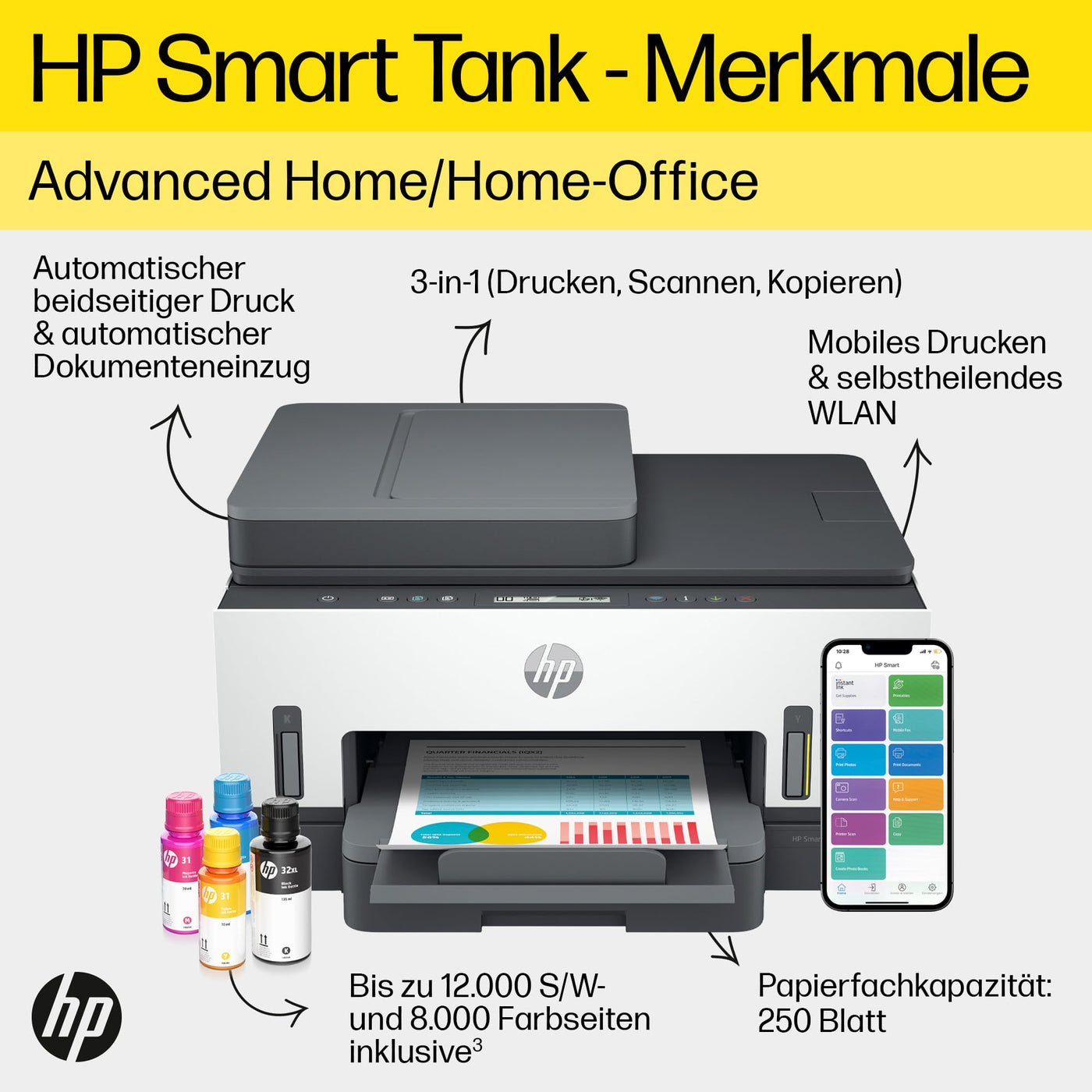 HP Smart Tank 7305 3-in-1 Multifunktionsdrucker, 30€ Cashback, (WLAN; Duplex; ADF) – 3 Jahre Tinte inklusive, 3 Jahre Garantie, großer Tintentank, hohe Reichweite, Drucken in hoher Qualität