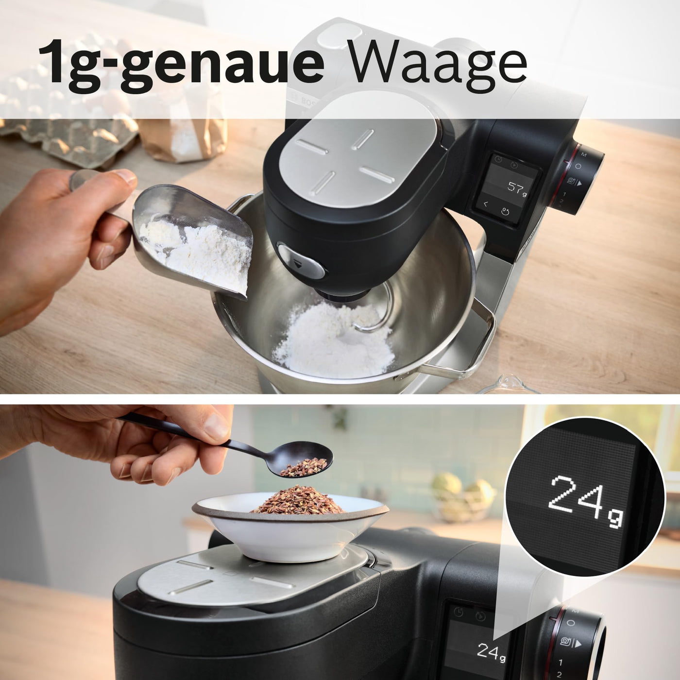 Bosch Küchenmaschine Serie 6 MUMS6ZS13D, NEU, Automatikprogramme, integr.1g Waage, 5,5l Schüssel, Durchlaufschnitzler, Scheiben, Knethaken/Rührbesen/Silikonbesen, spülm.fest, 1.600 W, silber/schwarz