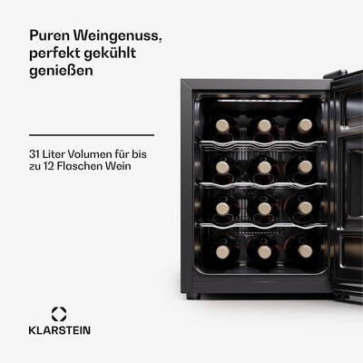 Klarstein Freistehender Weinkühlschrank 1 Zone, Getränkekühlschrank Klein, Kleiner Weinschrank, Wein-Kühlschrank Klein mit Glastür, Indoor/Outdoor Flaschenkühlschrank, Wine Fridge, 12 Flaschen