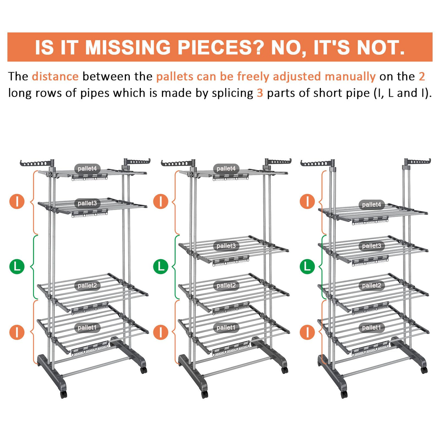johgee 5 Ebenen Wäscheständer Wäschetrockner Turm mit Rollen, Höhenverstellbar klappbarer Waschestander mit 8 Klappbare Flügel und 4 Sockenklammern, Edelstahl Standtrockner Wäscheturm für Innen&Außen
