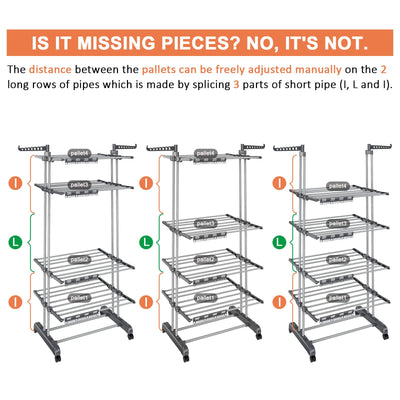 johgee 5 Ebenen Wäscheständer Wäschetrockner Turm mit Rollen, Höhenverstellbar klappbarer Waschestander mit 8 Klappbare Flügel und 4 Sockenklammern, Edelstahl Standtrockner Wäscheturm für Innen&Außen