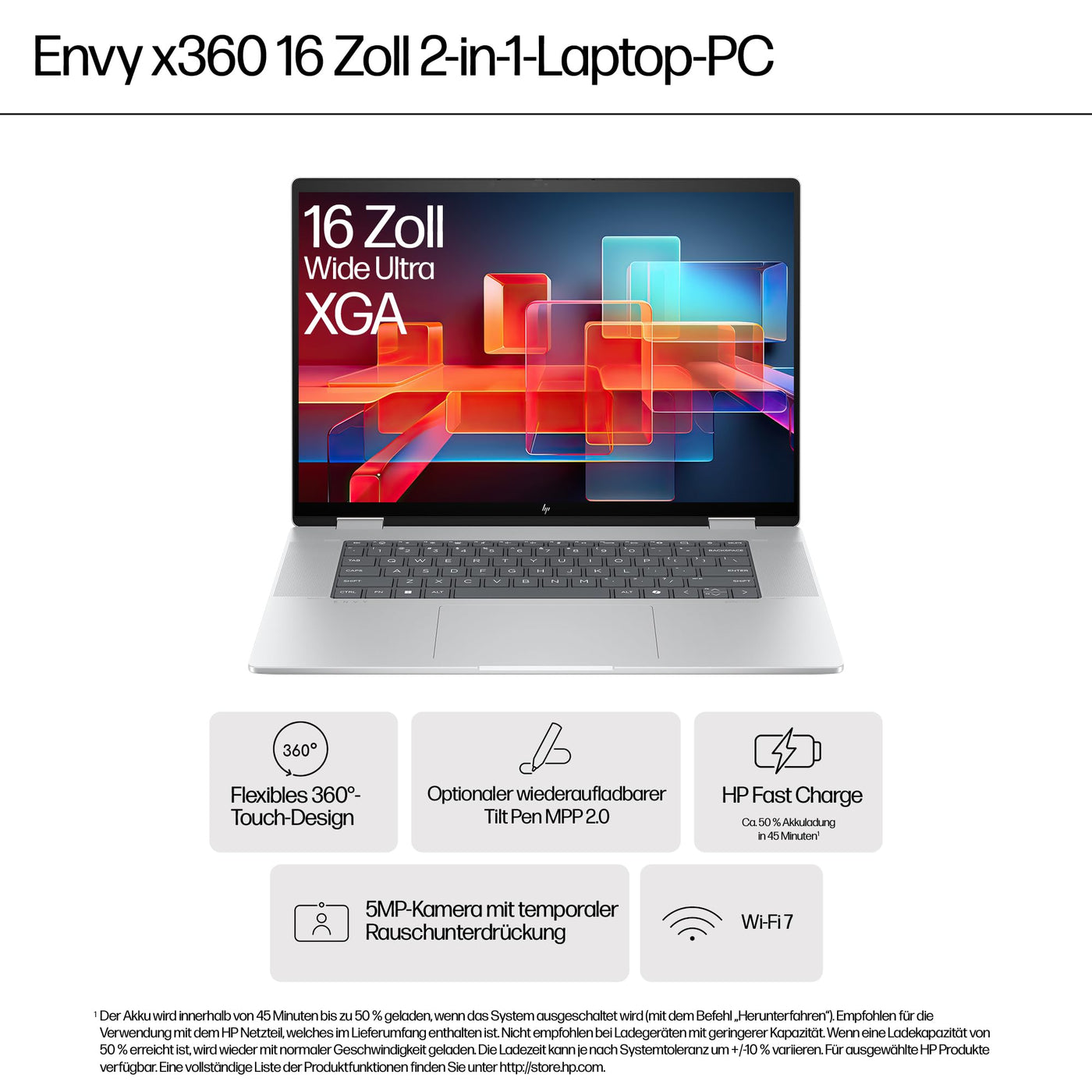 HP Envy x360 2-in1 Convertible Laptop PC | AMD Ryzen 5 8640HS | KI optimiert | 16” WUXGA Touchscreen | 16GB RAM | 512GB SSD | AMD Radeon-Grafikeinheit | Windows 11 Home | QWERTZ Copilot Key | Silber
