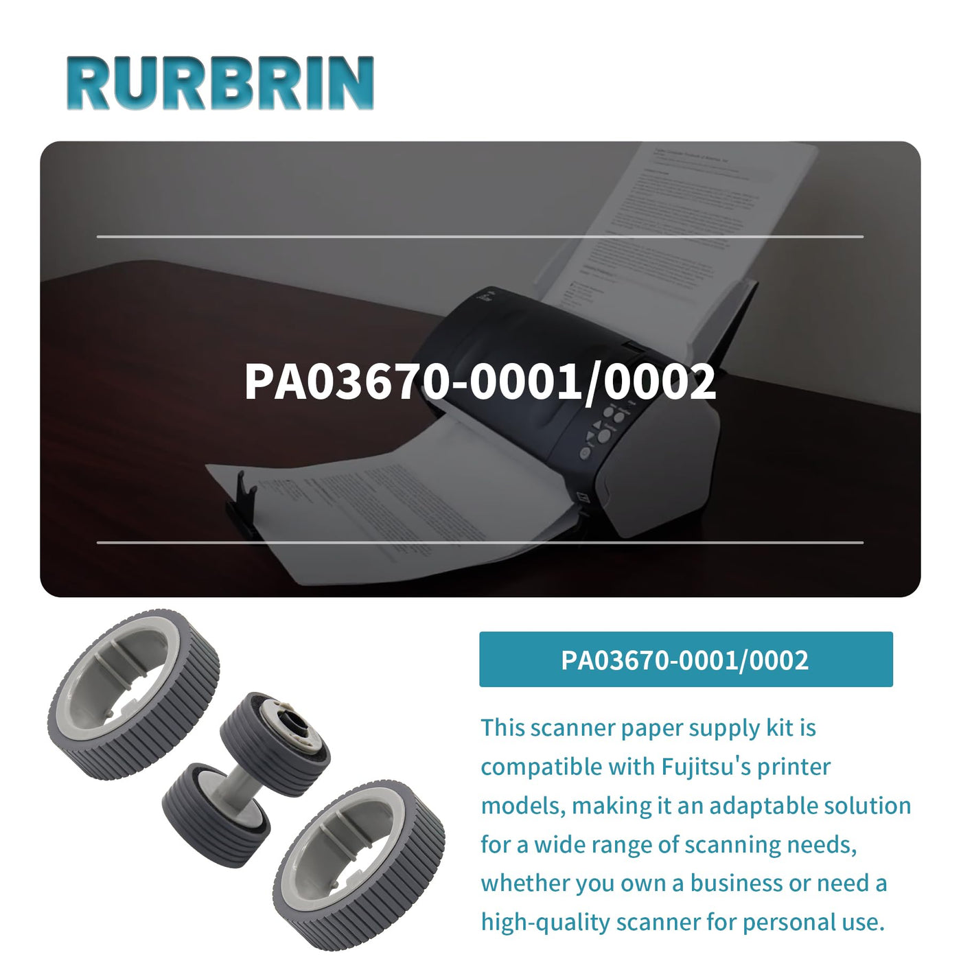 RURBRIN PA03670-0001 PA03670-0002 Scanner Papier Verbrauchsmaterial Kit Pick Roller + Bremsrolle Tonabnehmer Roller kompatibel mit fi-7260