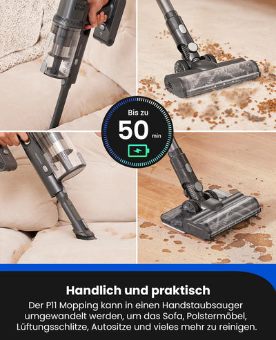 Proscenic P11 Mopping Akku Staubsauger kabellos mit Wischfunktion, 35KPA/500W/50Min Staubsauger und Mop 2 in 1, Akkusauger Kabellos Anti-Tangle für Teppich/Vorhang/Haustierhaarn