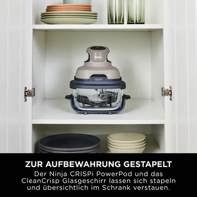 Ninja CRISPi tragbare Airfryer Heißluftfritteuse, 3,8 l, 4-in-1: Heißluftfrittieren, Braten, Warmhalten, Recrisp, kompakt, 6 Portionen, 2x herausnehmbare Glasbehälter & Deckel, 1700 W, Stein FN101EUST