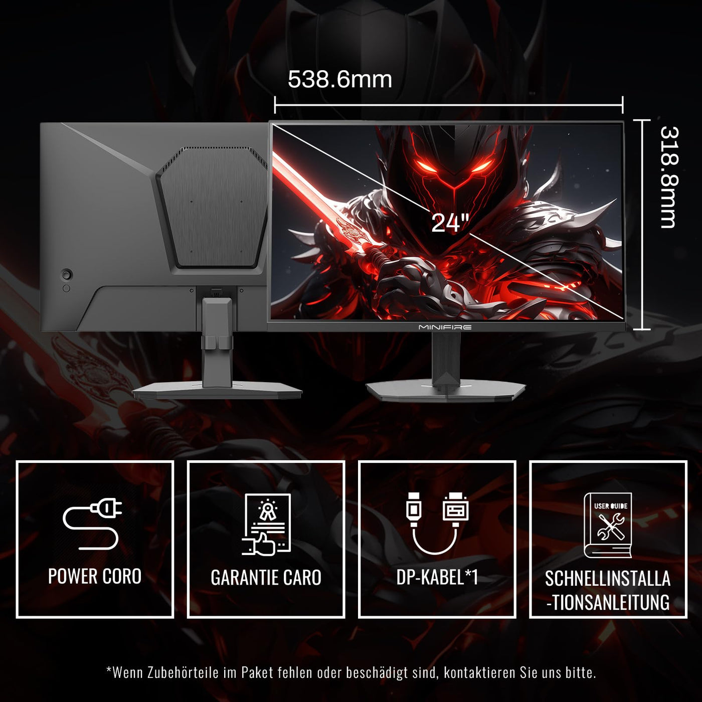 Minifire Gaming Monitor 24 Zoll, 180 Hz, 1ms, AMD FreeSync, Full HD(1920 x 1080), Rahmenlos Bildschirm, Einstellbar, 300Nits, sRGB 110%, HDMI 1.4&DP 1.2-(MFG24F4L HDMI-Kabel im Lieferumfang enthalten