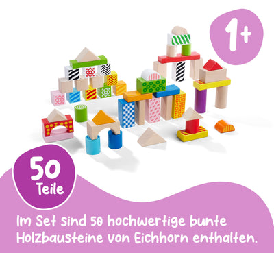 Eichhorn – bunte Holzbausteine – 50 Stück in Box, Bauklötze mit Bedruckung, aus Birkenholz, für Kinder und Babys ab 12 Monaten, Holzspielzeug, Verpackung kann variieren