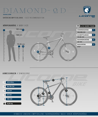 Licorne Bike Diamond Premium Mountainbike Aluminium, Fahrrad für Jungen, Mädchen, Herren und Damen - 21 Gang-Schaltung - Scheibenbremse Herrenrad – einstellbare Vordergabel (27.5, Schwarz-Lime)