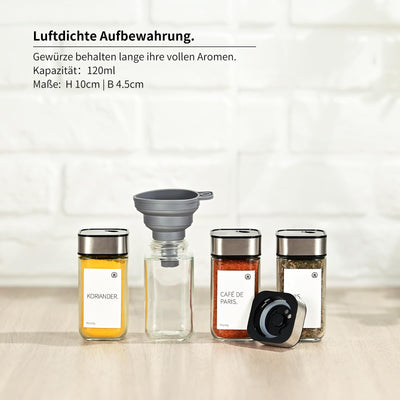 Miorkly 12 Gewürzgläser Eckig,120ML Gewürzdosen Set mit Streueinsatz,Gewürzstreuer mit Drehdeckel-Starke Versiegelung,Edelstahl-Glas Gewürz Organizer inklusive Trichter, Etikett und Stift
