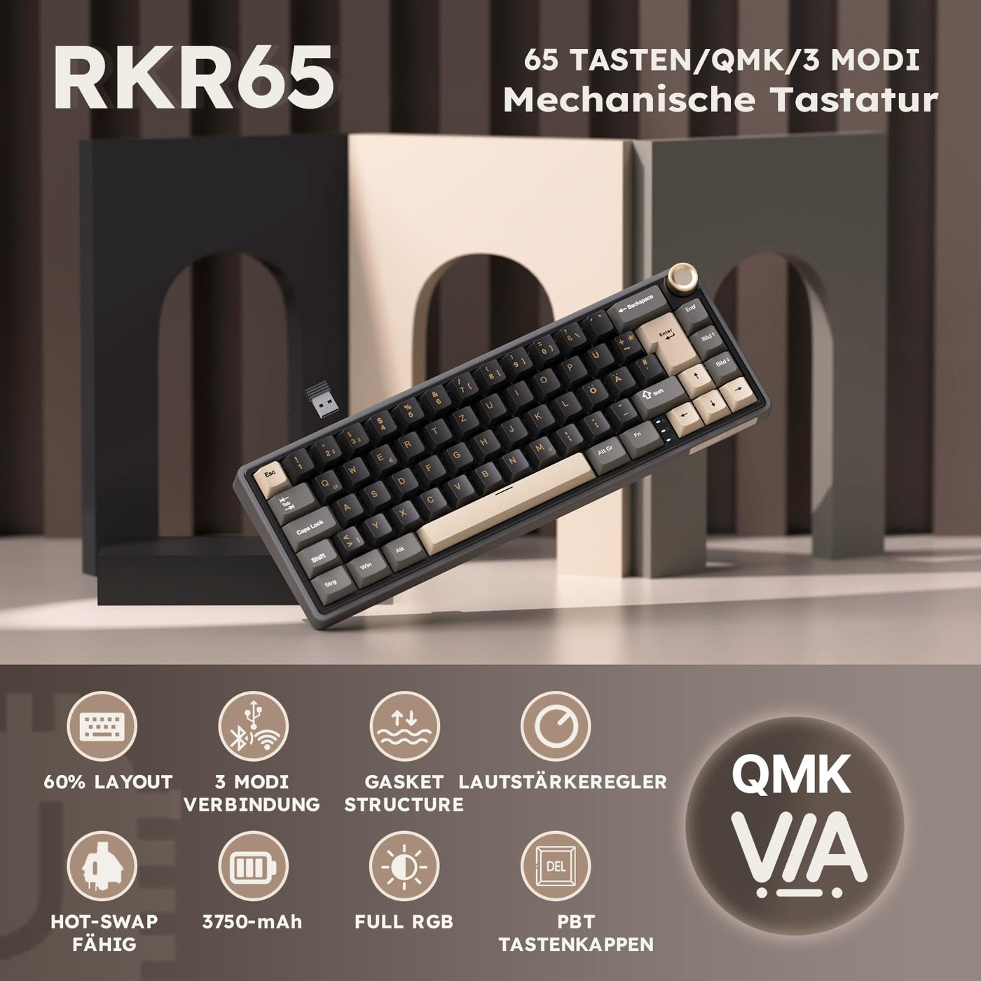 RK ROYAL KLUDGE R65 Mechanische Tastatur Kabellos, 60% Prozent Gaming Tastatur QWERTZ Gasket RGB mit Knopf und PBT Tastenkappen, Bluetooth/2.4G/USB-C QMK/VIA, Hot Swap Linearer Creamy Switches