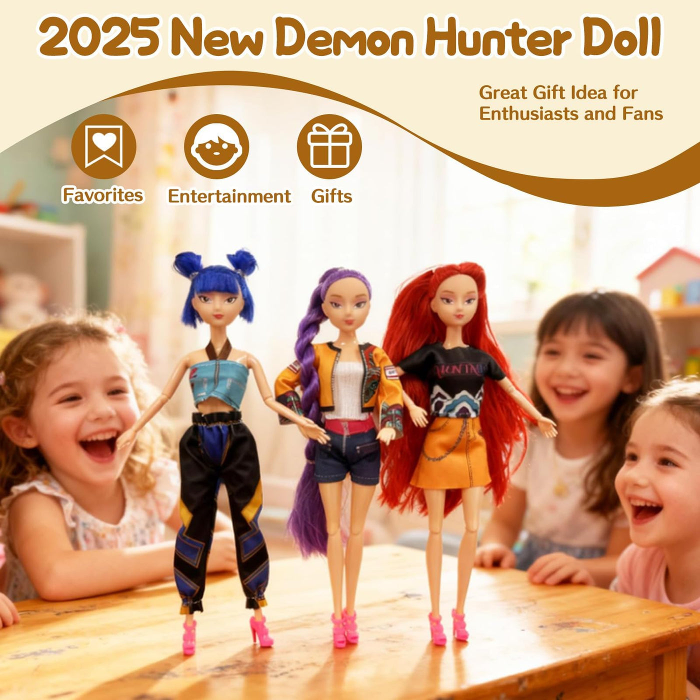 2025 𝐊-𝐏𝐎𝐏 𝐃emon 𝐇unters Puppen mit Musik-29cm huntrix kpop puppen,Demon Hunters Merch Puppen mit Puppenkostüm Zubehör-Beweglichen Armen & Beinen Doll zum Sammeln & als Fangeschenk (Mit Musik)