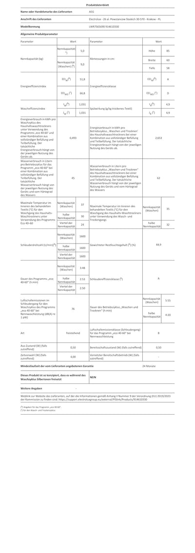AEG LWR7S65690 Waschtrockner / Serie 7000 mit DualSense / 9 kg Waschen / 5 kg Trocknen / D / energiesparend / Mengenautomatik / Nachlegefunktion / ProSteam - Auffrischfunktion / 1600 U/min