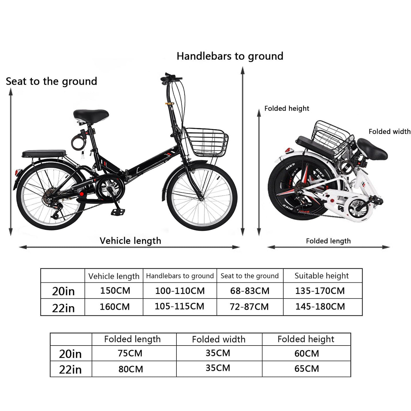 JTBDWOSK Faltbares Fahrrad 20/22 Zoll Klappfahrrad Rahmen aus Kohlenstoffstahl Klapprad V Bremse 7 Geschwindigkeit Schnellfaltsystem mit Rücklicht und Autokorb,Schwarz,20in