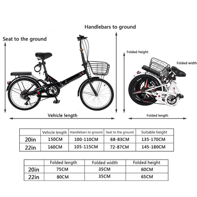 JTBDWOSK Faltbares Fahrrad 20/22 Zoll Klappfahrrad Rahmen aus Kohlenstoffstahl Klapprad V Bremse 7 Geschwindigkeit Schnellfaltsystem mit Rücklicht und Autokorb,Schwarz,20in