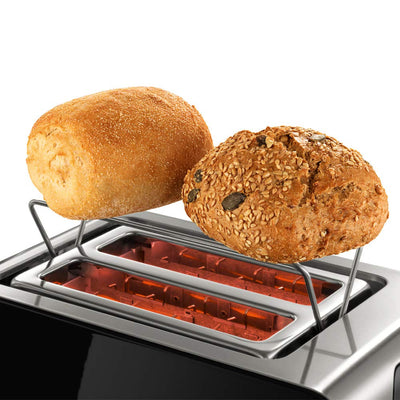 Bosch Kompakt Toaster ComfortLine TAT7203, integrierter Edelstahl-Brötchenaufsatz, mit Abschaltautomatik, mit Auftaufunktion, perfekt für 2 Scheiben Toast,1050 W, Edelstahl/schwarz
