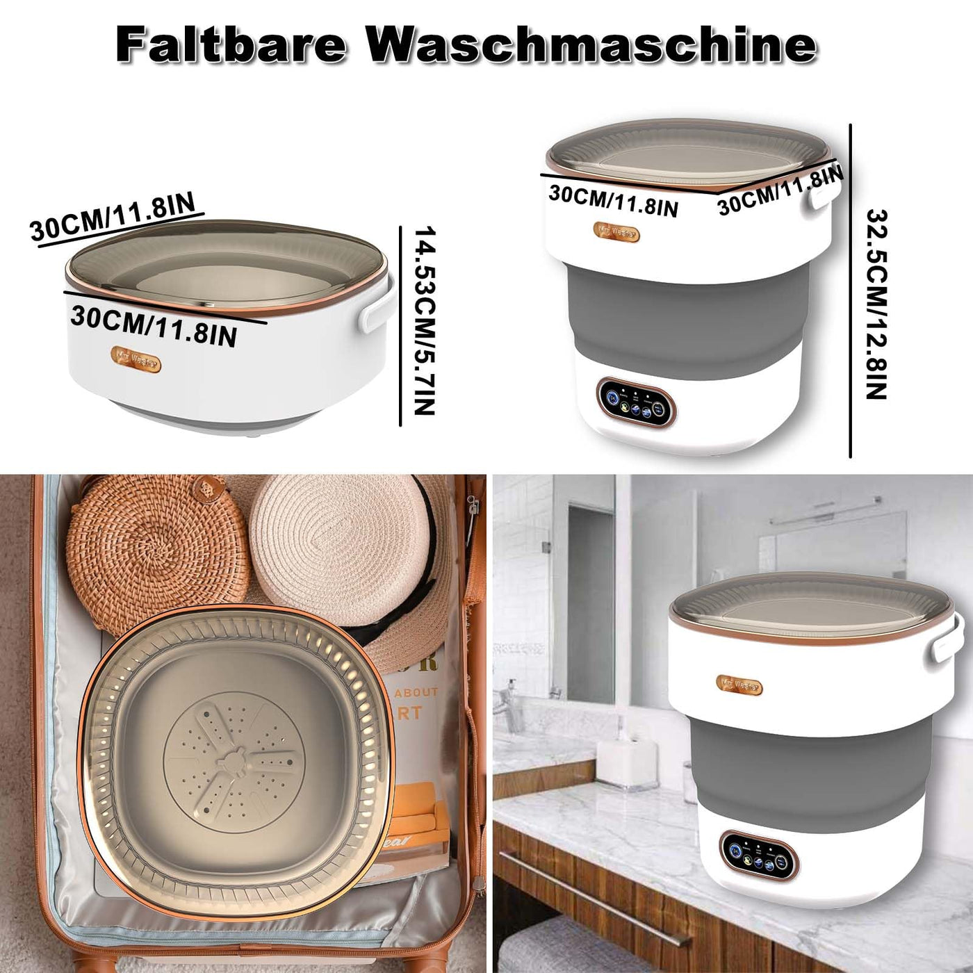 Mini Waschmaschine, 16L 2.3kg Camping Waschmaschine mit Schleuder, Mobile Waschmaschinen Tiefenreinigung von Unterwäsche, Babykleidung, Socks, Kleine Waschmaschine für Wohnungen, Schlafsäle, Grau