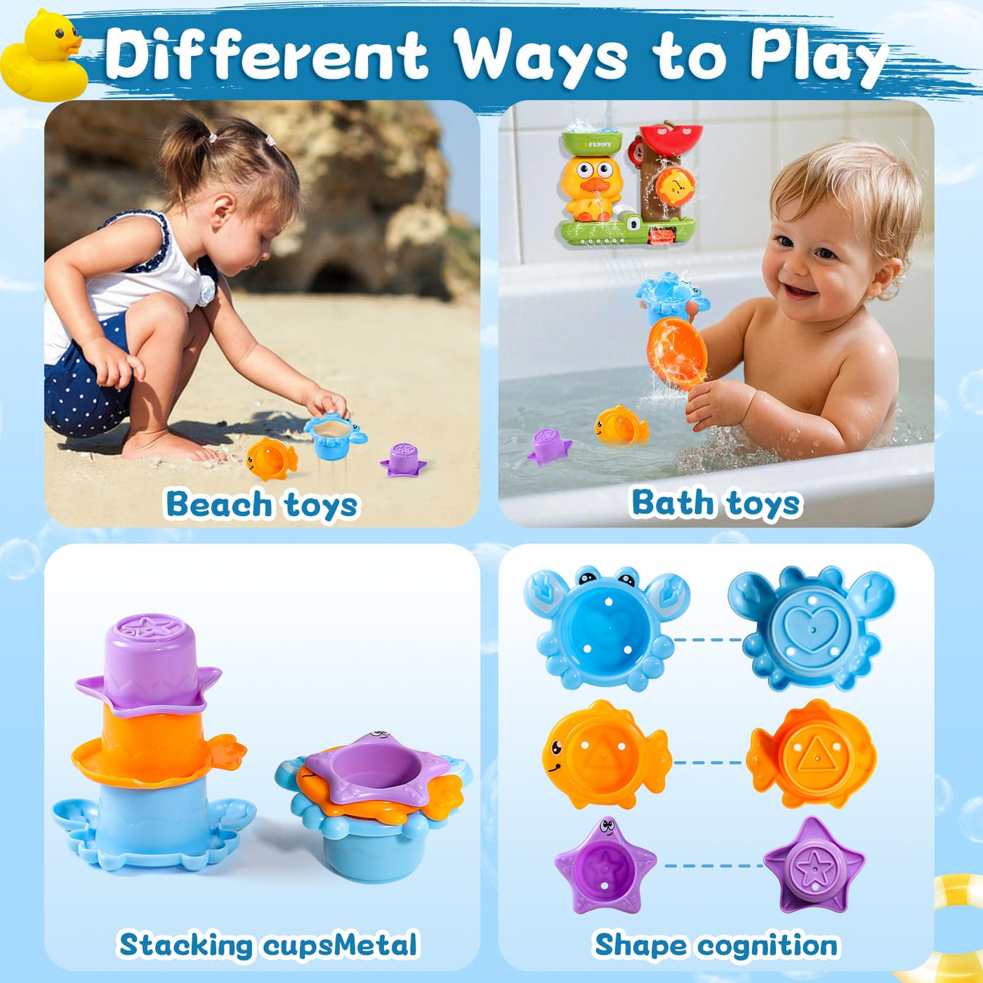 Badewannenspielzeug, Badespielzeug Baby ab 1 Jahr, Baby Spielzeug ab 1 Jahr, 1 Löffel & 3 Stapelbare Tier-Becher, Geschenk 1 2 3 Jahre Junge Mädchen, Wasserspielzeug Kinder ab 6-18 Monate