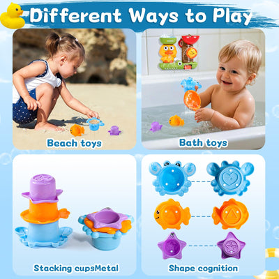 Badewannenspielzeug, Badespielzeug Baby ab 1 Jahr, Baby Spielzeug ab 1 Jahr, 1 Löffel & 3 Stapelbare Tier-Becher, Geschenk 1 2 3 Jahre Junge Mädchen, Wasserspielzeug Kinder ab 6-18 Monate