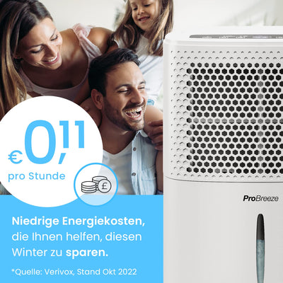 Pro Breeze Luftentfeuchter 12L in 24h Entfeuchtungsleistung - Raumgröße ca. 120m³ (~20 m²) - mit 3 Betriebsarten, Digitalanzeige, Ablaufschlauch, Timer - Gegen Feuchtigkeit, Schimmel Weiß