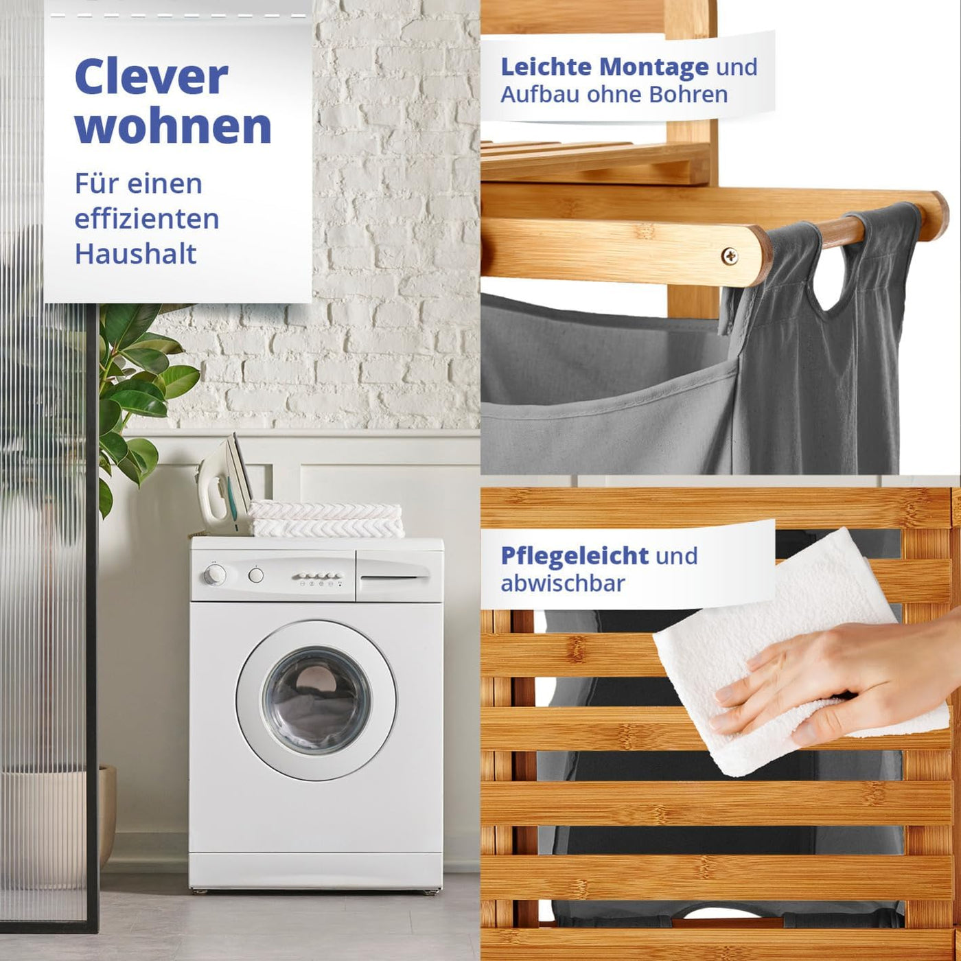 Lumaland Wäschekorb Bambus mit 2 ausziehbaren Wäschesäcken | Pflegeleichtes Material, unempfindlich gegen Nässe und leicht abwischbar | Höhe ca. 73cm x 64cm Breite x 33cm Tiefe [Dunkelgrau]