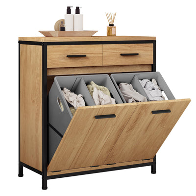 EUGAD Badezimmerschrank mit 2 faltbaren Wäschesäcken, Wäscheschrank mit 2 Schubladen, Wäschesammler Wäschekorb, Badschrank Badmöbel mit Metallrahmen, helle Eiche + Schwarz, 72,5x80x34 cm