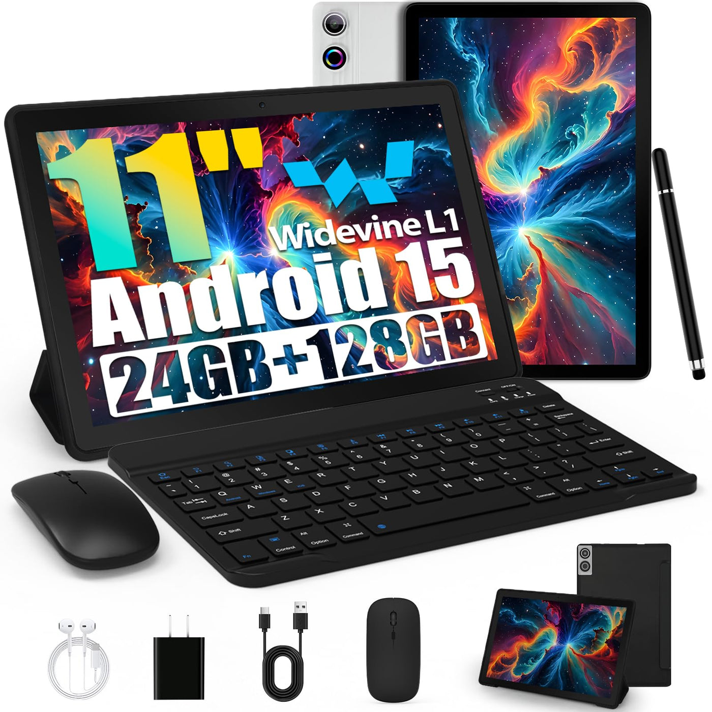 Tablet, Android Tablet 11 Zoll mit 24GB RAM + 128GB ROM (1TB TF), Octa-Core, Widevine L1, WiFi 6 & BT 5.3, 6800mAh Akku, Dual Kamera – Tablet mit Tastatur, Maus, Stift & Hülle