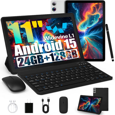 Tablet, Android Tablet 11 Zoll mit 24GB RAM + 128GB ROM (1TB TF), Octa-Core, Widevine L1, WiFi 6 & BT 5.3, 6800mAh Akku, Dual Kamera – Tablet mit Tastatur, Maus, Stift & Hülle