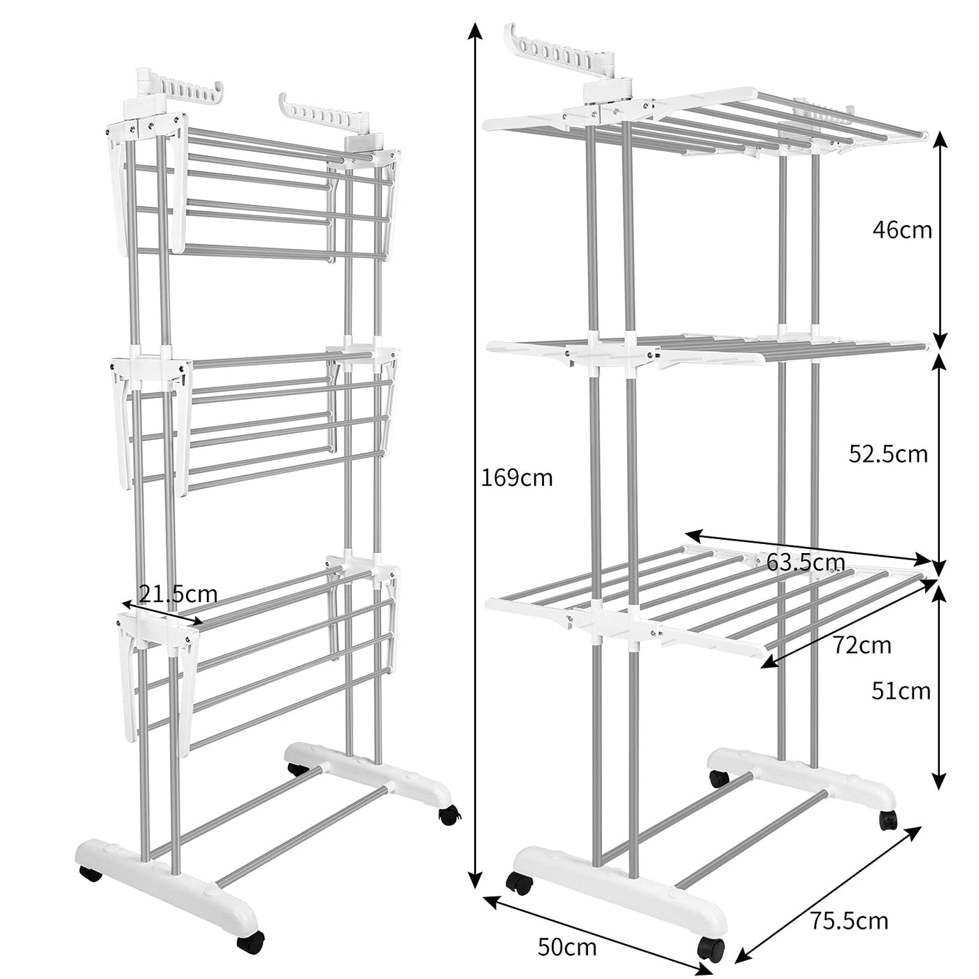 Innotic Wäscheständer mit Rollen Multifunktional 4 etagen Wäscheständer Turm Klappbar Standtrockner Wäscheständer Platzsparender mit Flügel Wäscheturm fur Innen und draußen (Weiß Grau)