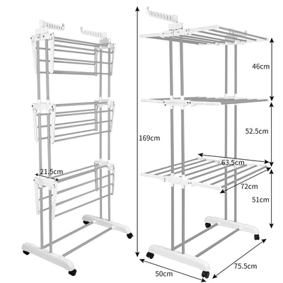 Innotic Wäscheständer mit Rollen Multifunktional 4 etagen Wäscheständer Turm Klappbar Standtrockner Wäscheständer Platzsparender mit Flügel Wäscheturm fur Innen und draußen (Weiß Grau)