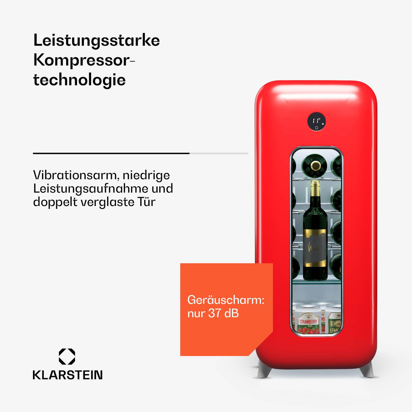 Klarstein Freistehender Weinkühlschrank 1 Zone, Getränkekühlschrank Klein, Kleiner Weinschrank, Wein-Kühlschrank Klein mit Glastür, Indoor/Outdoor Flaschenkühlschrank, Wine Fridge, 15 Flaschen