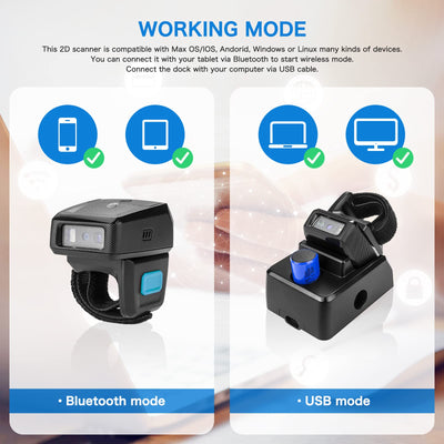 NETUM Mini Wireless 2D Ring Barcode Scanner Bluetooth, tragbarer Barcodeleser mit Ladestation und integriertem Speicher, schnelles und präzises Scannen - RS9000