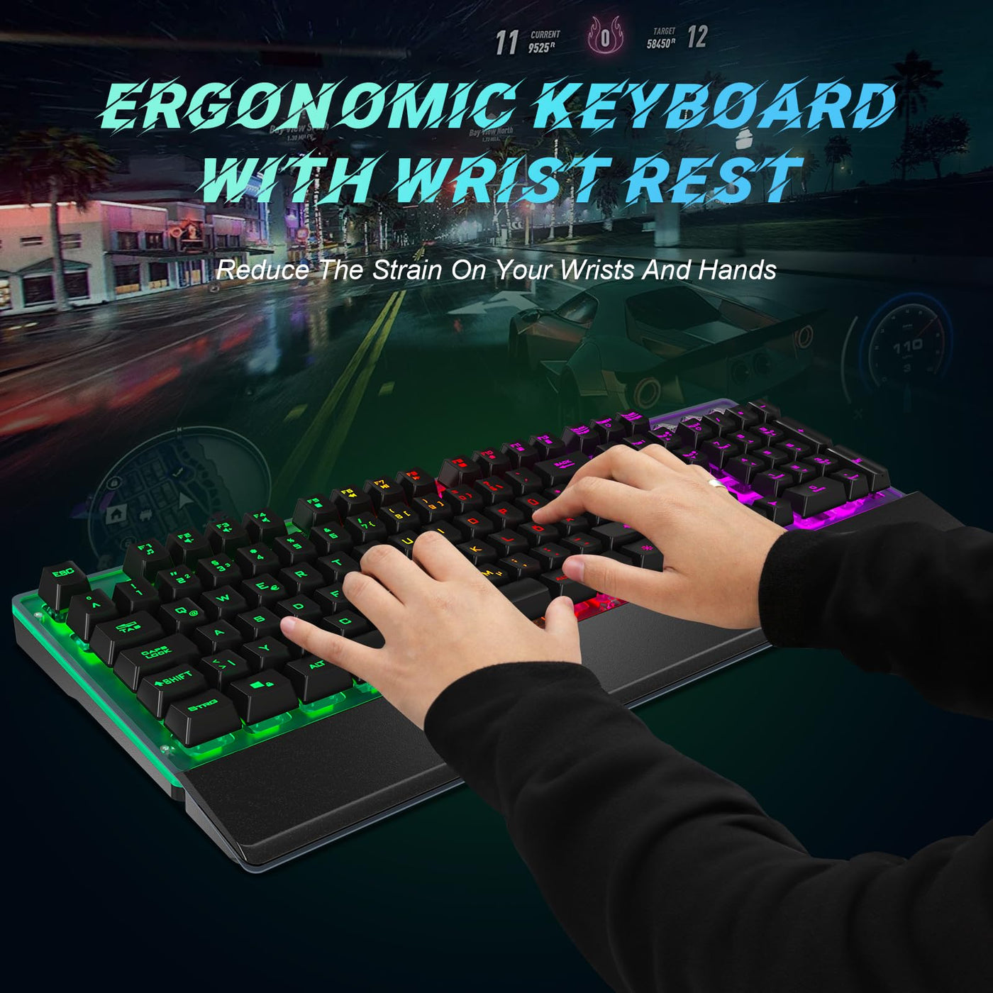 RaceGT Gaming Tastatur Kabel, Tastaturen LED Handballenauflage Beleuchtet Full Size Metallplatte Keyboard mit Nummernblock, Multimedia Tasten, DE QWERTZ Layout, für Office PC Gamer Laptop Xbox