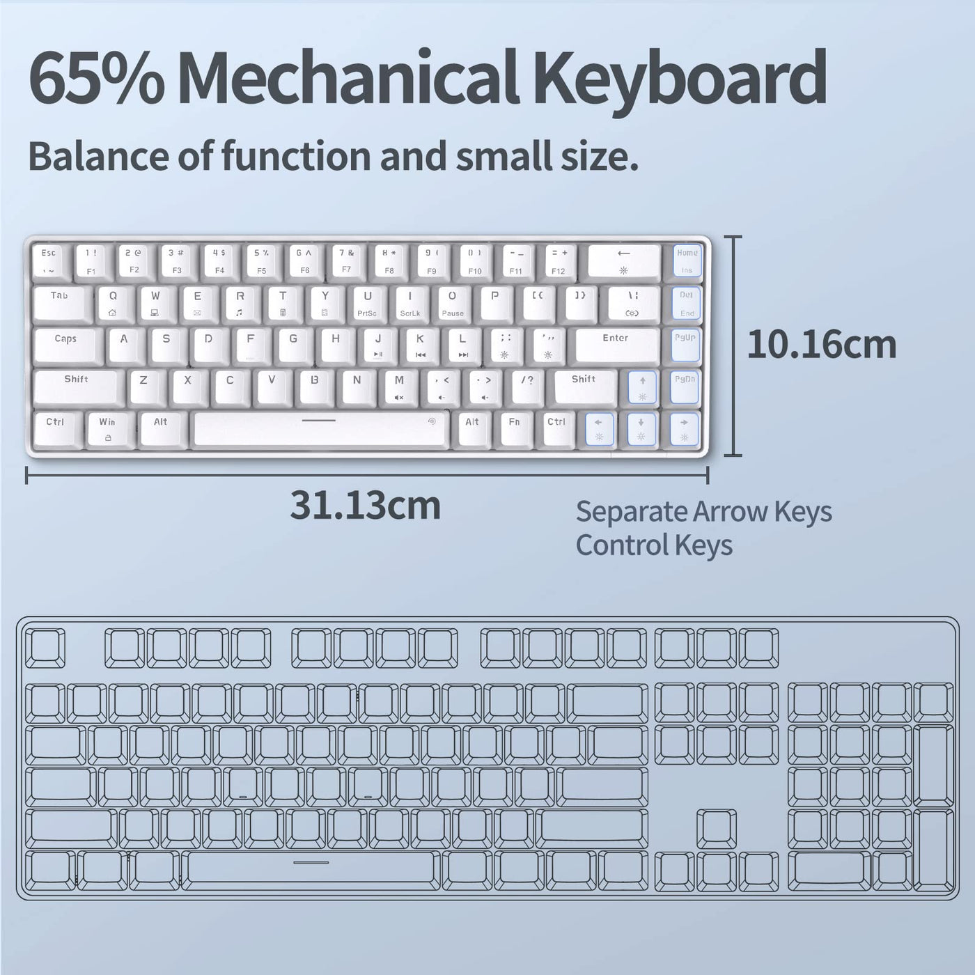 TMKB Mechanische Gaming Tastatur, T68se 60% Prozent Tastatur mit USB Kabel, Anti Ghosting QWERTY Layout Mini Brown Switches Keyboard für PC Windows/Mac OS, Weiß