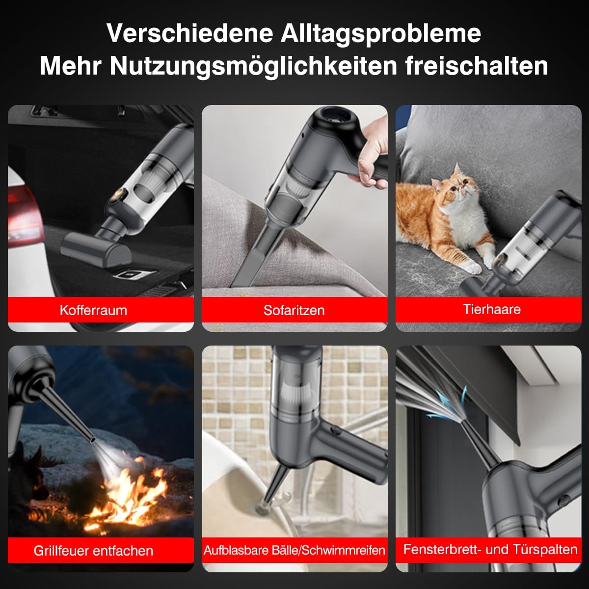 USUIELIGHT Handstaubsauger Akku 6000Pa - Handstaubsauger Kabellos mit 18 Min Laufzeit, 4000mAh, Leicht und Tragbar, Autosauger mit Blas- und Saugfunktion für Auto, Haus, Büro, Tierhaare