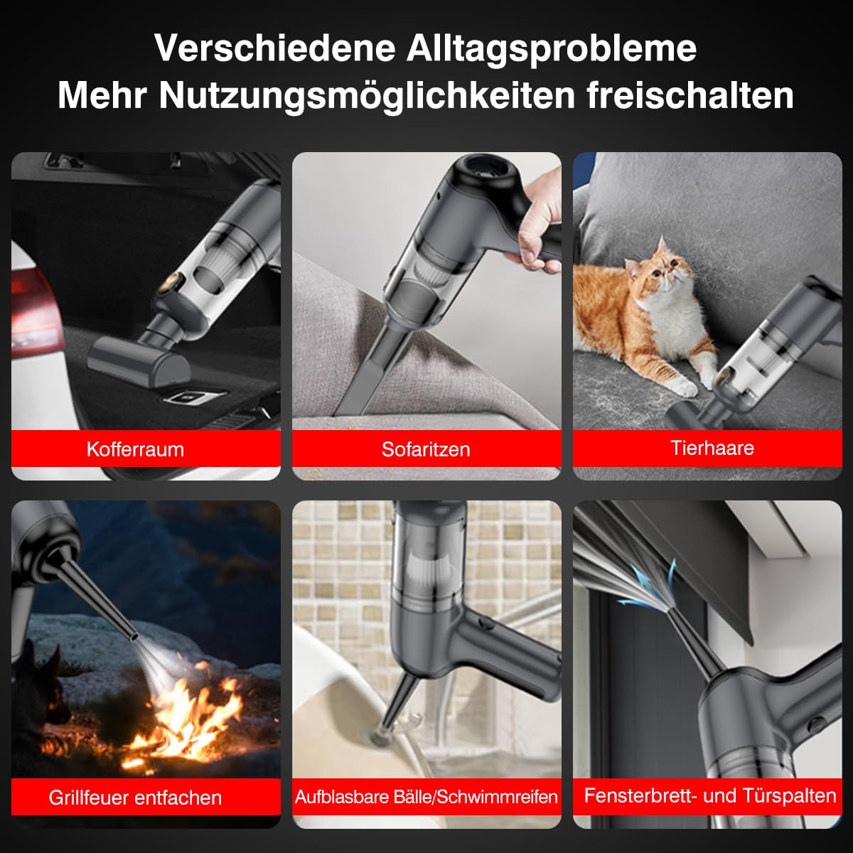 USUIELIGHT Handstaubsauger Akku 6000Pa - Handstaubsauger Kabellos mit 18 Min Laufzeit, 4000mAh, Leicht und Tragbar, Autosauger mit Blas- und Saugfunktion für Auto, Haus, Büro, Tierhaare