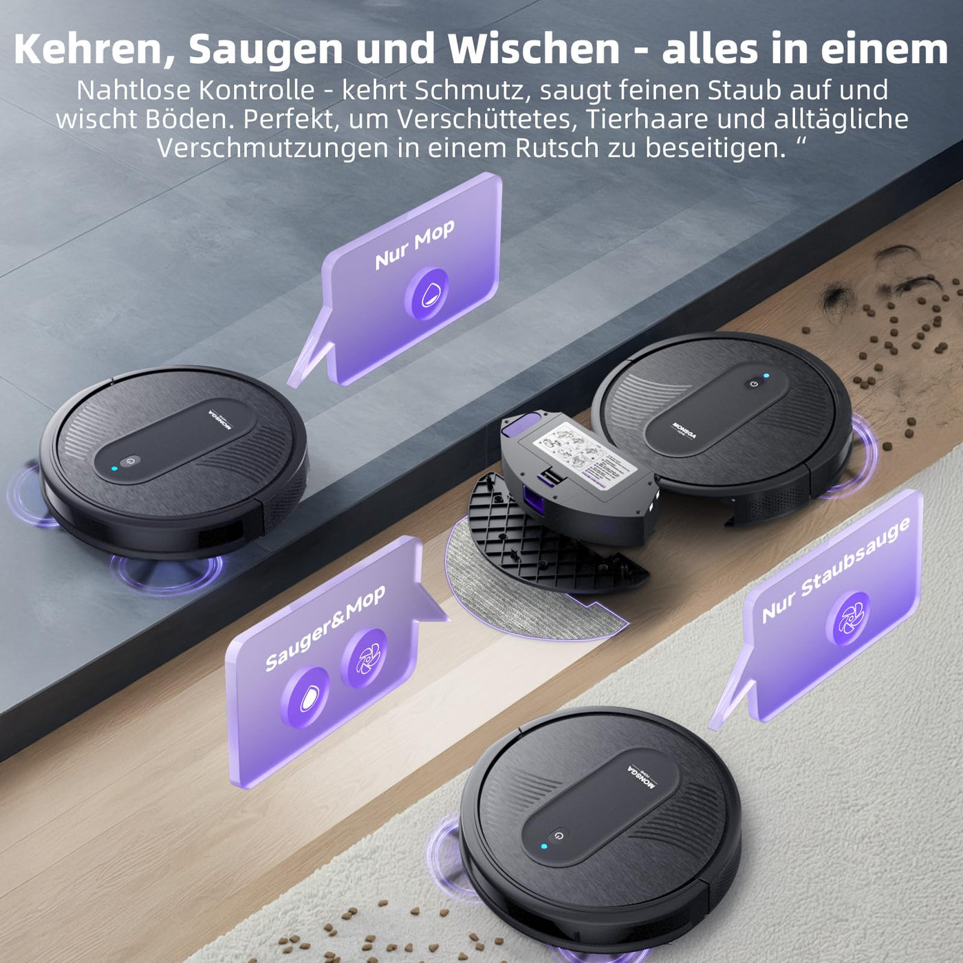 MONSGA Saugroboter mit Wischfunktion 3 in 1, Staubsauger Roboter 3000PA, Saugroboter mit 2 Bürsten, Selbstaufladend, WiFi, 140Mins, Ideal für Tierhaare, Teppich, Hartboden (Schwarz)