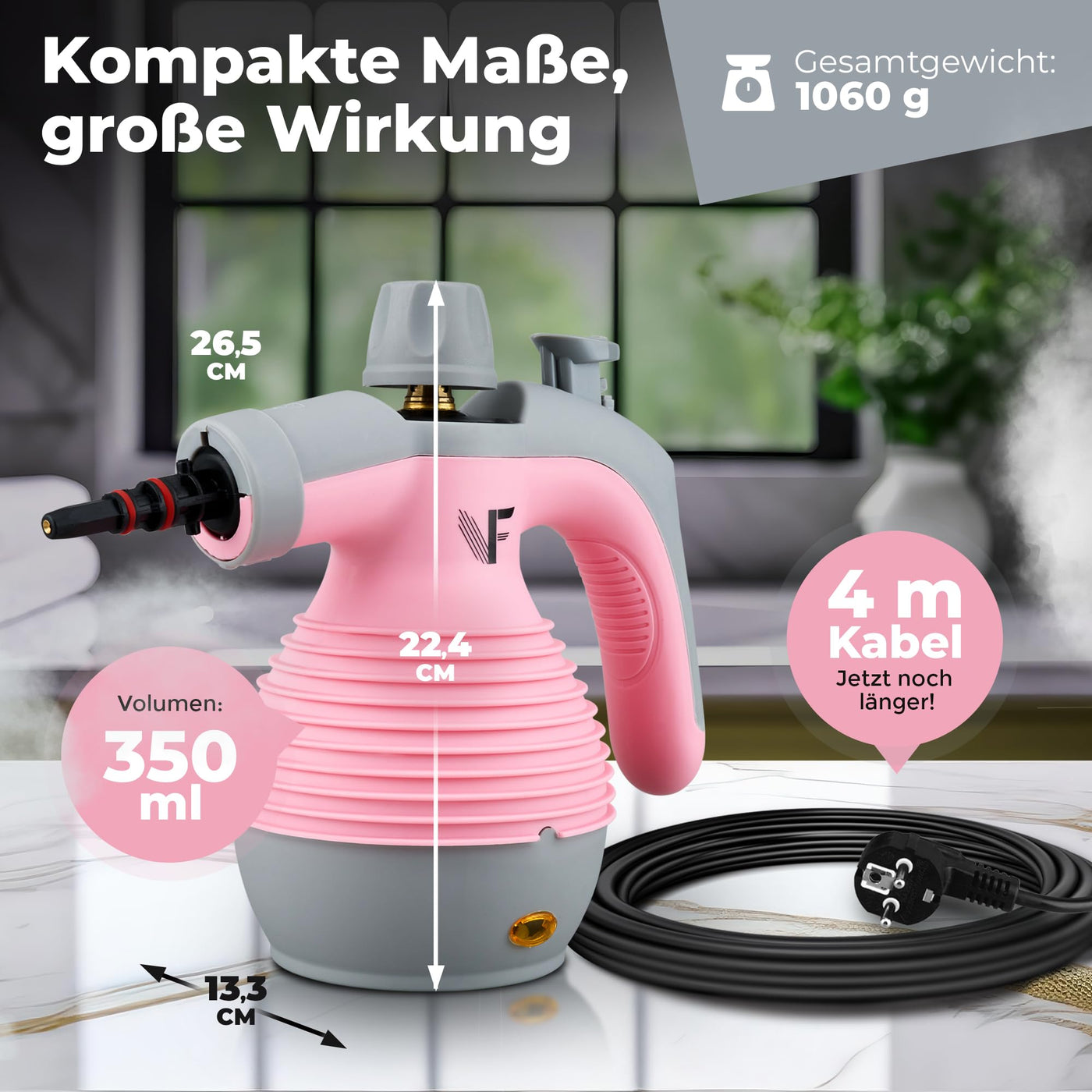 Neighbour's Friend® Handdampfreiniger in Rosa – Leistungsstarkes Dampfreiniger Handgerät I Dampfente mit 350ml Tank, Dampfregulierung & Aufsätzen für Haushalt, Fenster, Polstermöbel & mehr