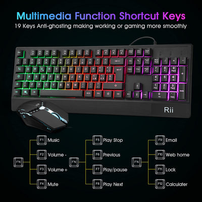 Rii Gaming RK400+ (italienisches Layout) - Set aus Tastatur und Maus, LED-Hintergrundbeleuchtung 7 Farben (Regenbogen), Anti-Ghosting, Empfindlichkeit einstellbar bis zu 3.200 dpi