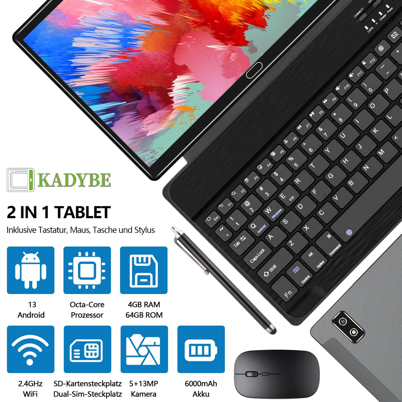 KADYBE 2025 Neueste Android Tablet 10 Zoll,2-in-1 Tablet Mit 2 SIM Slots 1 SD, 64GB ROM TF 512GB,Octa-Core,Tablets PC mit Tastatur Maus Schutzhülle,1080 LCD,5MP+13MP,WiFi GPS OTG-Typ C(Grau)