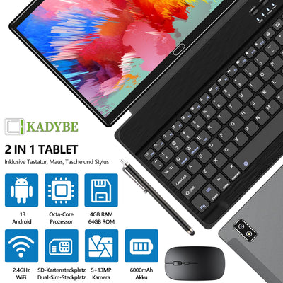 KADYBE 2025 Neueste Android Tablet 10 Zoll,2-in-1 Tablet Mit 2 SIM Slots 1 SD, 64GB ROM TF 512GB,Octa-Core,Tablets PC mit Tastatur Maus Schutzhülle,1080 LCD,5MP+13MP,WiFi GPS OTG-Typ C(Grau)