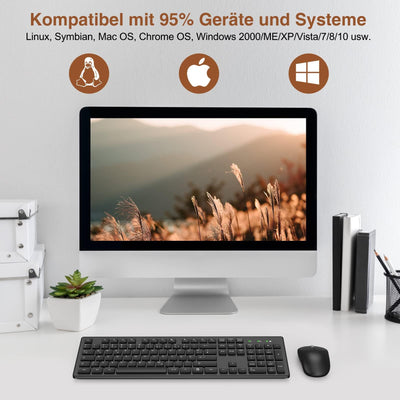 Tastatur Maus Set Kabellos, 2,4GHz Kabellose Tastatur und Maus, Funktastatur in Standardgröße mit Ziffernblock, 1600DIP Ergonomische Maus, für Windows/PC/Laptop/Computer - QWERTZ, Schwarz