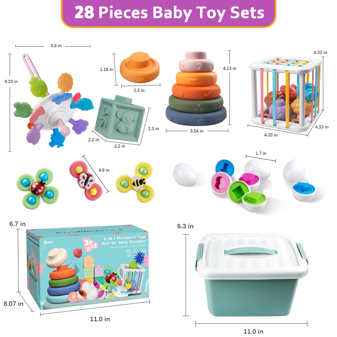 Baby Spielzeug für 6 bis 12 Monate, Montessori Spielzeug für Babys, Sensorisches Baby Spielzeug, 6 in 1 Motorikspielzeug, Stapelspielzeug Blöcken und Ringen, passende Eier (6 in 1)