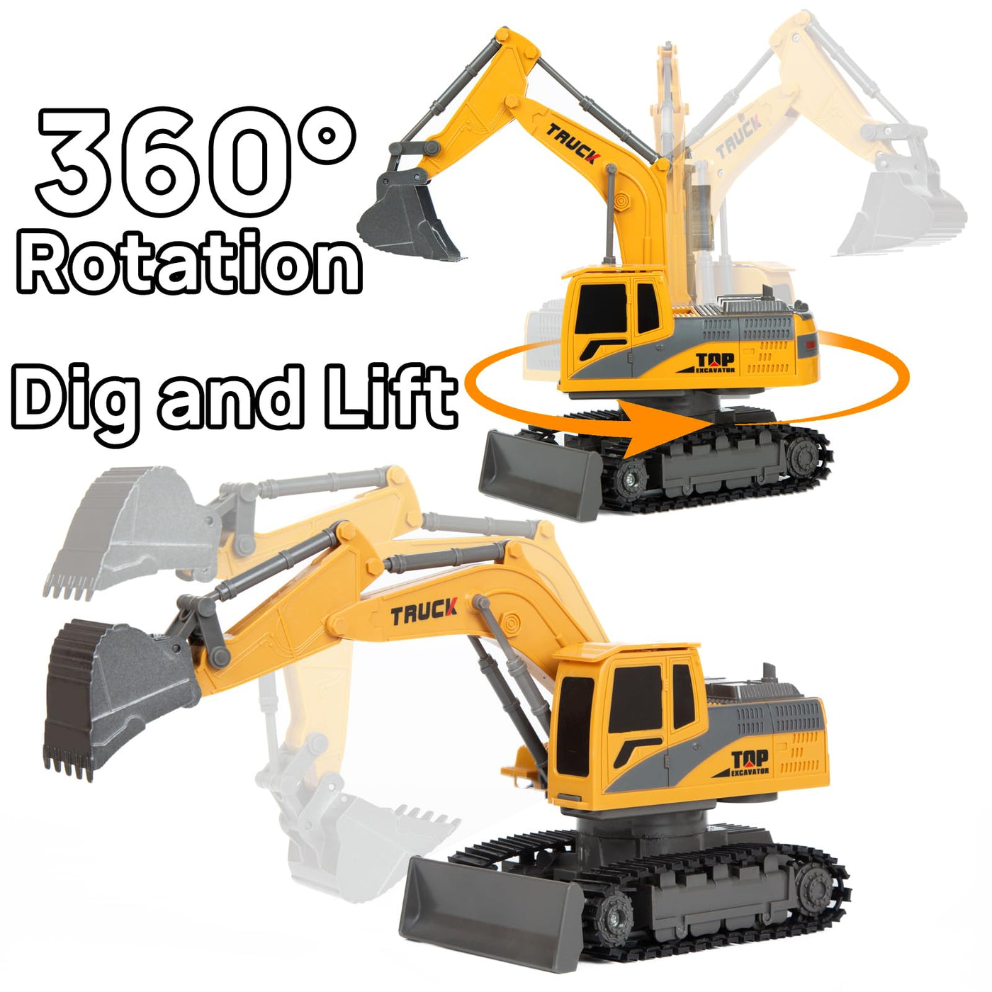 BORSCELLOR Ferngesteuertes Bagger Spielzeuge für Jungen, 2-in-1 RC Bagger Traktor mit Bulldozer, 2,4GHz Baufahrzeug Spielzeug Auto mit Licht und Musik für Jungen im Alter von 3 4 5 6 7 8 bis 12 Jahren