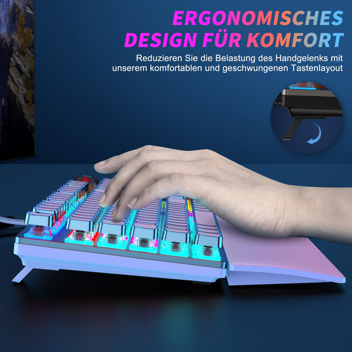 TECURS Gaming Tastatur Mechanische - Gamer Tastatur Programmierbare mit Magnetische Handgelenkauflage, Rote Schalter, 19 LED Modi, Multimedia-Tasten, PC Tastatur mit Kabel QWERTZ DE-Layout, Weiß