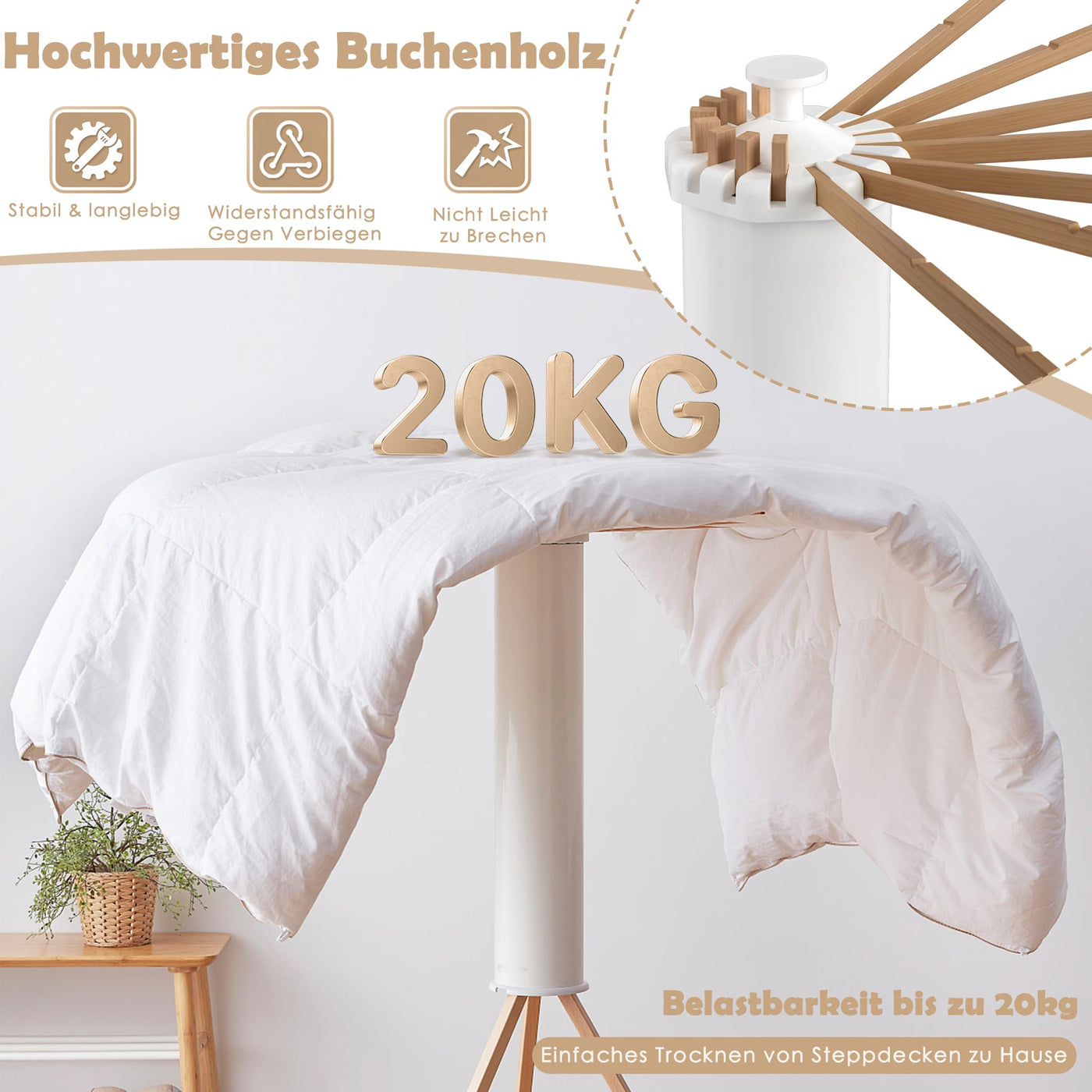 UISEBRT Wäscheständer Tragbar Trockengestell Faltbar Octopus Wäscheständer mit Holzstange Platzsparend Trockenständer für Drinnen Bodenwäscheständer Turmwäscheständer für Balkon Schlafzimmer