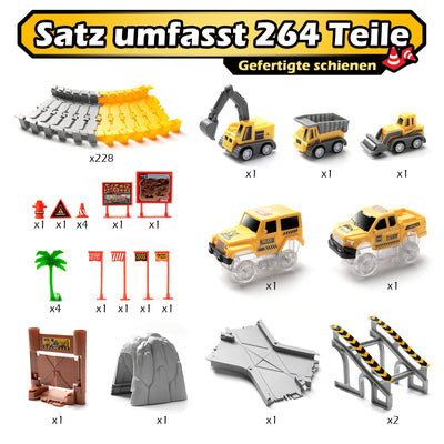 Autorennbahn ab 3 4 5 6 7 8 Jahre, 264 Stück 5 Cars Bagger Spielzeug Autorennbahn Rennbahn 2 Glow Elektroautos,3 Bauwagen,Flexibles DIY Gleis-Set Flexible Track Kran Spiele