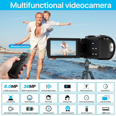 Videokamera Camcorder 1080P 30FPS 36MP Vlogging Kamera Recorder für YouTube, Digital Camcorder mit IR Nachtsicht 3.0 '' IPS-Bildschirm 16X Digital Zoom, Digitalkamera mit Fernbedienung, 2 Batterien